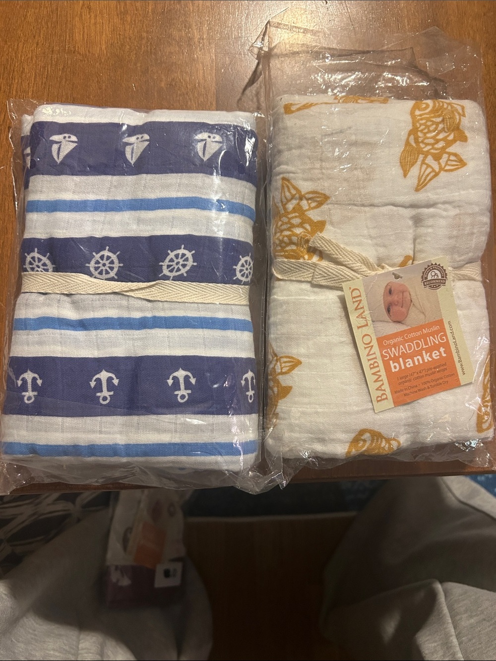 Organic Cotton Swaddling Blankets - Blue & White and Cream & Gold Set